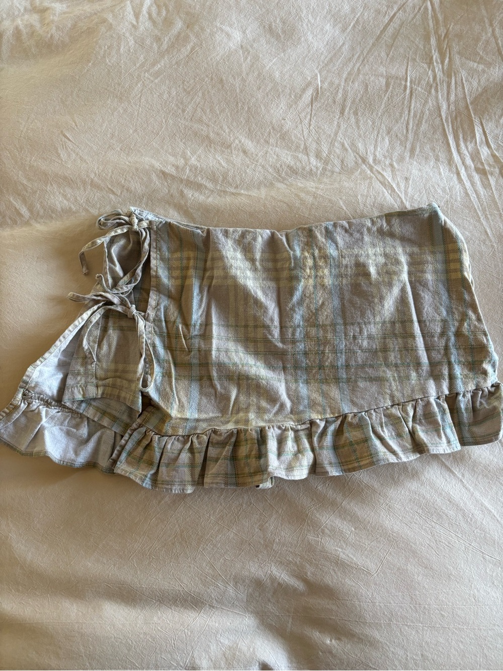 Kimchi Blue Cream and Pale Blue Plaid Ruffle Tie-Side Mini Skirt